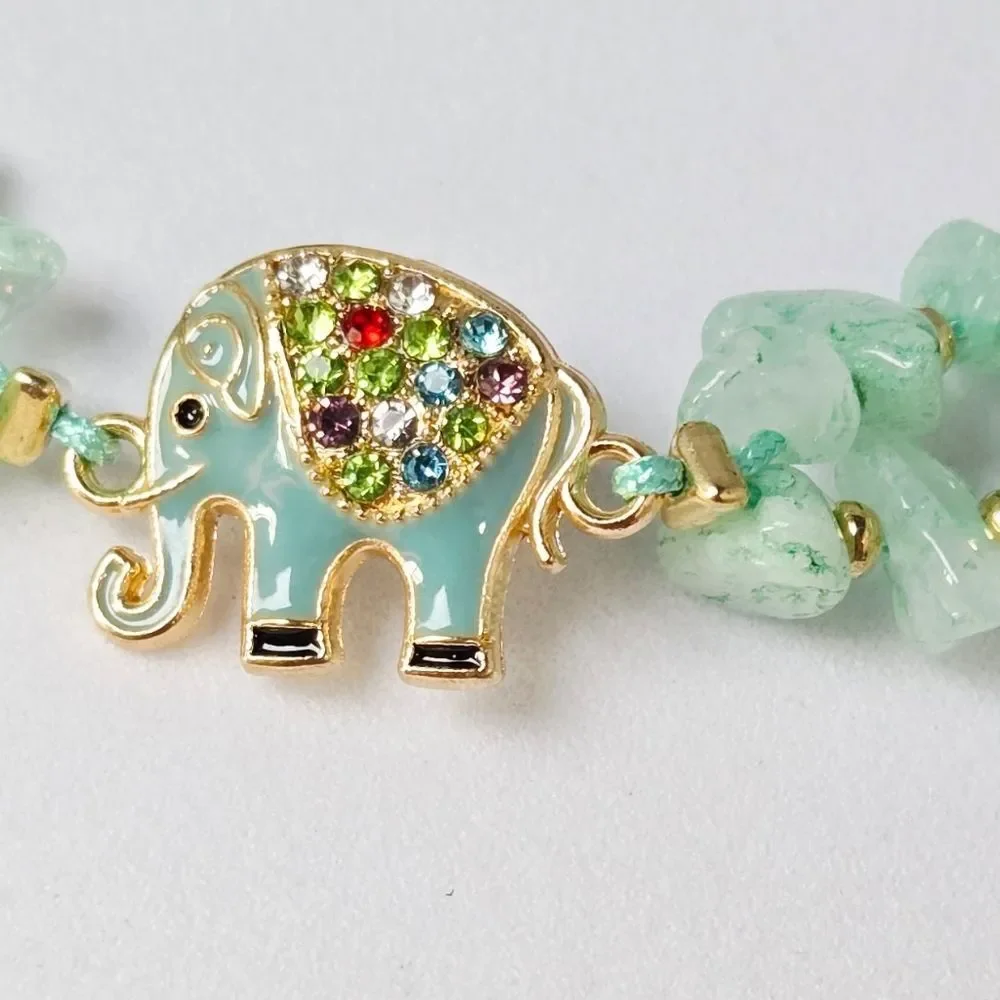 Green Aventurine Crystal Beaded Elephant Bracelet Adjustable String Enamel Charm